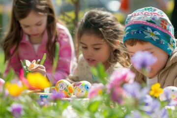 A group of toddlers is sharing the joy of playing with Easter eggs in the grassy meadow, smiling and having fun in the natural landscape AIG42E