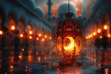 An intricately designed Ramadan lantern glowing softly at dusk, with the silhouette of an Arabic mosque in soft focus behind it. Created with Ai