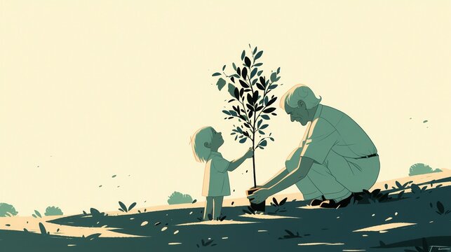 A child and their grandparent plant a tree, hands dirty, anticipation of growth in their eyes,