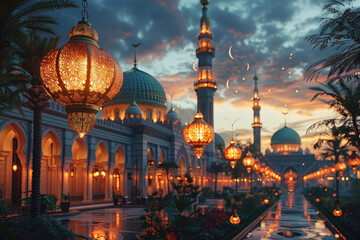 An enchanting mosque adorned with golden domes, illuminated by lanterns during the holy month of Ramadan. Created with Ai