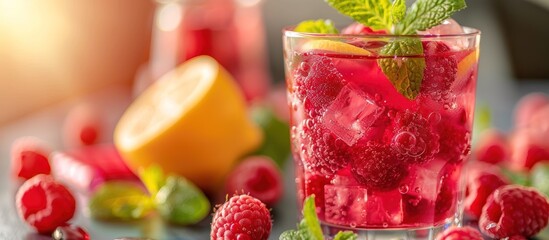 A glass filled with vibrant raspberry lemonade and fresh mint leaves, creating a refreshing drink...