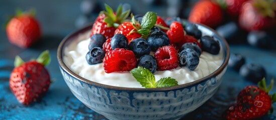 A bowl filled with creamy yogurt, topped with fresh strawberries and blueberries.