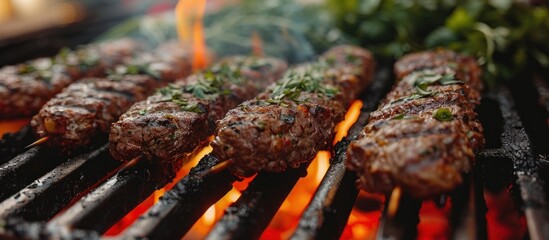 Close up view of skewered kebab pieces cooking on a hot grill, with flames and smoke rising.