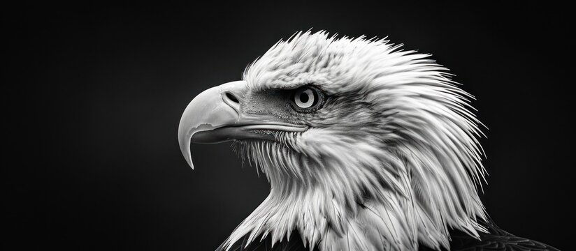 A black and white image of a bald eagle, showcasing its powerful stance and sharp features.