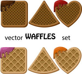 Figured waffles with jam.Collection of curly wafers with drips of cream on a transparent background with text.