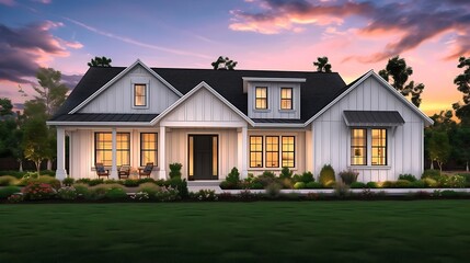 a sunset scene featuring a farmhouse ranch grey white siding and a black front door, emphasizing the warmth and charm of the home attractive look - obrazy, fototapety, plakaty