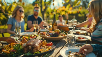 Happy cheerful friends or family outdoors at backyard picnic sitting at the table full with meat, grilled food and vegetables talking and laughing on sunny day