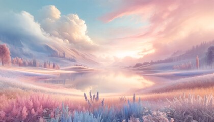Fantasy landscape with lake and mountains in the background..