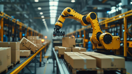 Industrial robot arm sorting packages in a warehouse