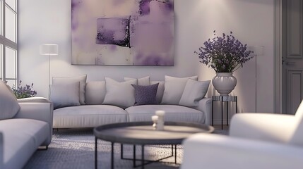 Scandinavian style living room with neutral palette and a subtle touch of lavender on the wall / AI-generated interior design attractive look