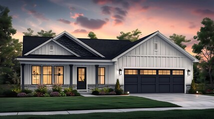 a sunset scene featuring a farmhouse ranch grey white siding and a black front door, emphasizing the warmth and charm of the home attractive look