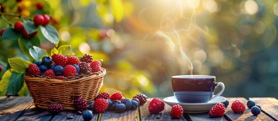 A cup of coffee sits next to a wicker basket filled with fresh berries.