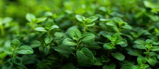 A detailed view of a cluster of vibrant green thyme plants showing leaves and stems up close. - obrazy, fototapety, plakaty