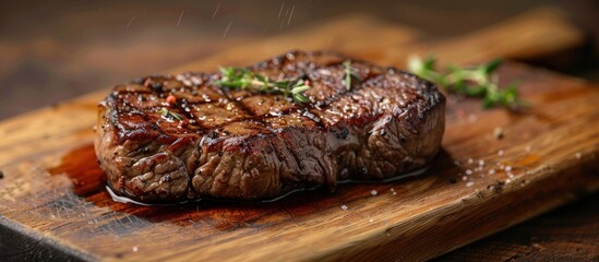 A succulent piece of barbecue beef steak resting on a wooden cutting board.
