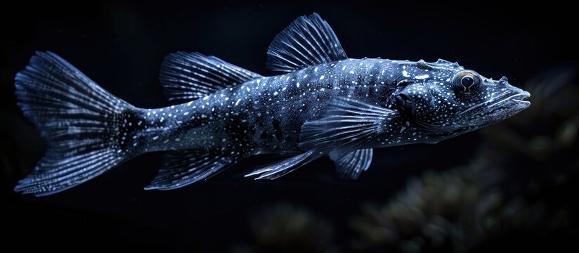 A detailed view of a black and white Anarhichas orientalis fish swimming in its natural underwater habitat.