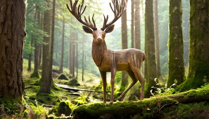 a wooden deer sculpture amidst a forest backdrop, evoking a sense of wonder and serenity