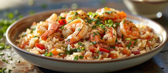 A bowl filled with Cajun Jambalaya, consisting of shrimp and rice, placed on top of a table.