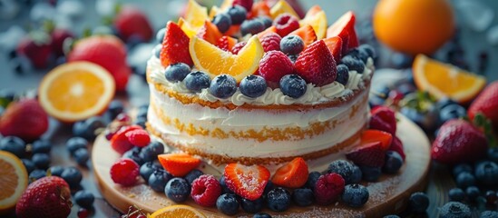 Obraz premium A multi-layer cake adorned with colorful and fresh fruits on top, creating a visually appealing dessert centerpiece.