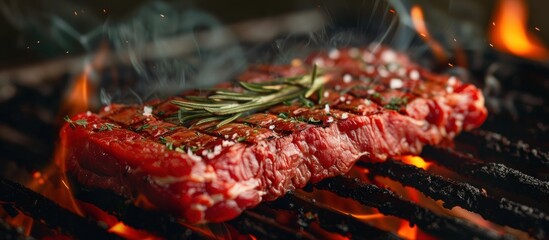 A piece of raw meat sizzling on a hot grill, emitting delicious aromas as it cooks to perfection.