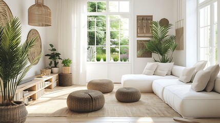a sustainable and eco-friendly white home decor living room with AI, incorporating eco-conscious elements attractive look - obrazy, fototapety, plakaty