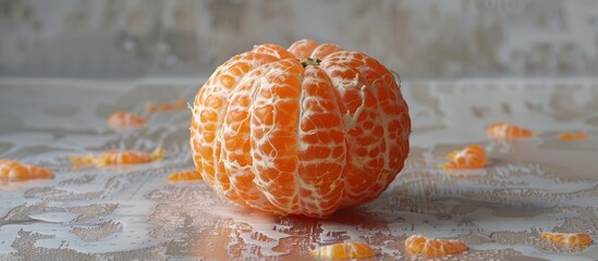 A close up view of a peeled mandarin orange resting on top of a table.