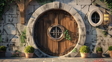 Medieval Cartoon Wooden Door with Round Window 3D - obrazy, fototapety, plakaty