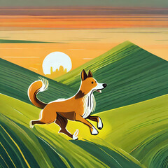 generative illustration of a dog running by green fields at sunset