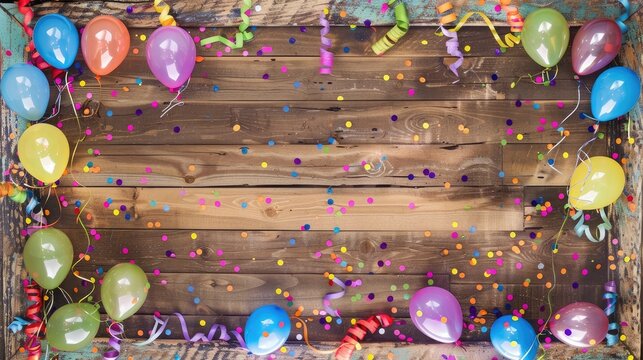 vibrant carnival frame with colorful balloons, streamers, and confetti on rustic wooden board. Let the joyous atmosphere of our decoration ignite your celebration!