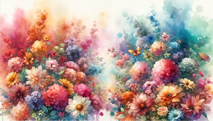Fototapeta na wymiar Watercolor painting of flowers in pastel colors, abstract floral background.
