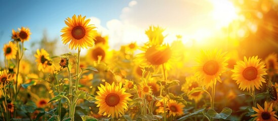 A vast field of bright yellow sunflowers under a sunny sky with the sun shining in the background.