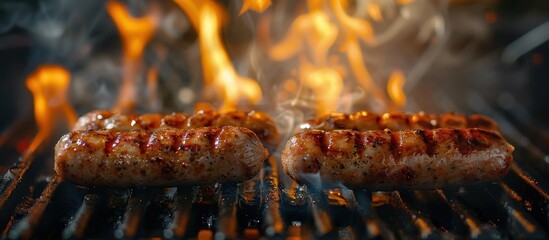 Two white pork sausages cooking on a grill over flames, sizzling and browning as they are being grilled to perfection.