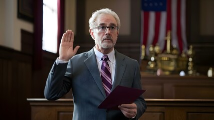 Taking an Oath: Witness solemnly swears to tell the truth before testifying in court. Concept Legal Proceedings, Oath Taking, Court Testimony, Witness Testifying, Truth Swearing - obrazy, fototapety, plakaty