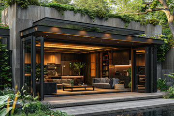 A sleek black steel box structure that has been transformed into an elegant home office with glass doors and windows, nestled in lush greenery. Created with Ai