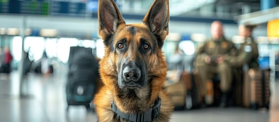 A German Shepherd dog is sitting alertly in an airport, looking around with curiosity and focus.