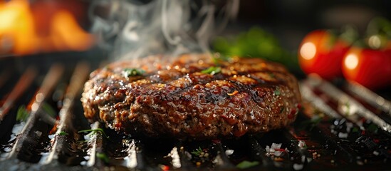 A hamburger is sizzling on a hot grill, producing a lot of smoke as it cooks.