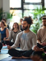 An adult arab male with a ponytail meditating in a yoga class. He is surrounded by othe yoga class particpants that are diverse in age, gender and race. The yoga practitioner looks calm and relaxed. - obrazy, fototapety, plakaty