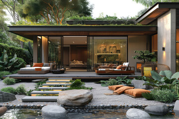A modern house with green roof, living room and terrace in the style of tropical minimalism. The interior is decorated in warm colors, large windows open to a garden full of plants and water features.