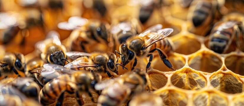 A dense group of bees swarming inside a beehive, creating a bustling and energetic scene as they work together.