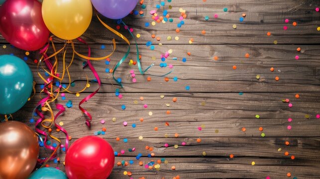vibrant carnival frame with colorful balloons, streamers, and confetti on rustic wooden board. Let the joyous atmosphere of our decoration ignite your celebration!