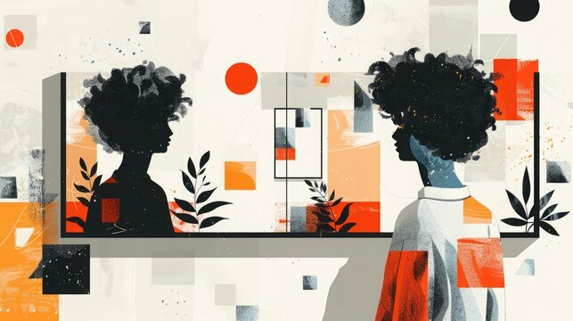 A minimalist illustration of a person and their reflection in a mirror, depicted with bold shapes for emotions and food, in monochrome with color splashes.