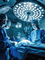 Surgeons and doctors in illuminated operating room. Healthcare workers are wearing scrubs. They are at hospital