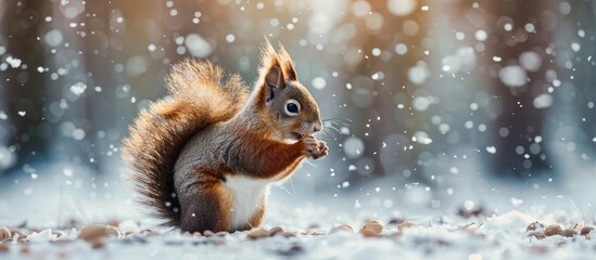 A wild squirrel standing in the winter snow, surrounded by a white landscape with paw prints visible. - Powered by Adobe