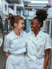Two interracial hotel maids in white uniforms having a fun conversation in the laundry - obrazy, fototapety, plakaty