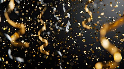 high-quality photo featuring golden and silver confetti with serpentine ribbons against a sleek black backdrop.