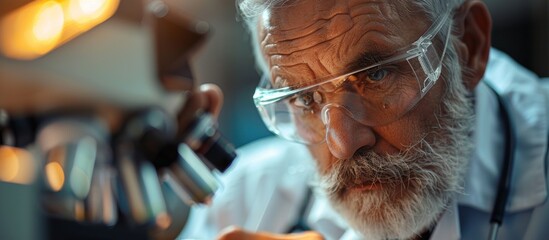 A senior doctor scientist with a beard and glasses is intensely looking at something with focus and concentration. - obrazy, fototapety, plakaty