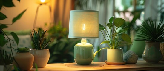 A light wood table adorned with various plants and a green lamp.