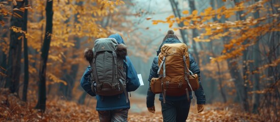 Two European tourists are walking through a dense forest, each wearing backpacks and trekking gear. The wooded area is filled with tall trees, green foliage, and a variety of wildlife. - obrazy, fototapety, plakaty