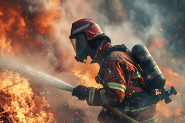 A powerful portrait capturing the determination and bravery of a firefighter, highlighting heroism and commitment in the face of danger