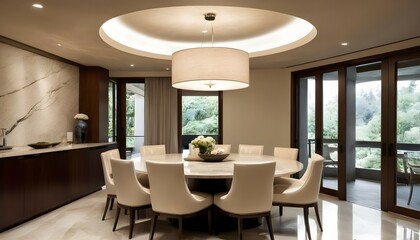 An elegant dining area with a round marble-topped table surrounded by cream-colored upholstered chairs, illuminated by a modern pendant light fixture hanging from a curved stone ceiling.