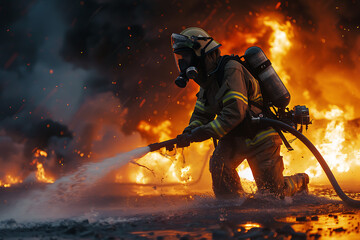 A powerful portrait capturing the determination and bravery of a firefighter, highlighting heroism and commitment in the face of danger